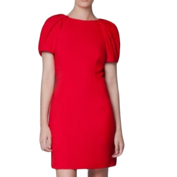 NWT Zara Red Crepe Puff Pleated Sleeve Sheath Mini Dress - L - Picture 1 of 14